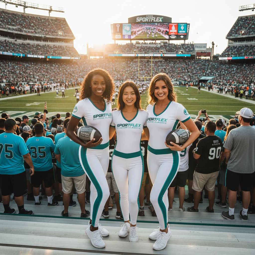 Diverse promotional models in event uniforms engaging with fans at an outdoor sporting event